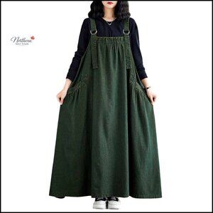Loose Denim Jumper Dress with Adjustable Straps and Pockets, Casual Pinafore